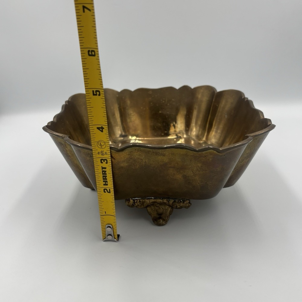 Vintage Art Deco Ornate Footed Solid Yellow Brass Square Ruffled Bowl - Picture 12 of 13